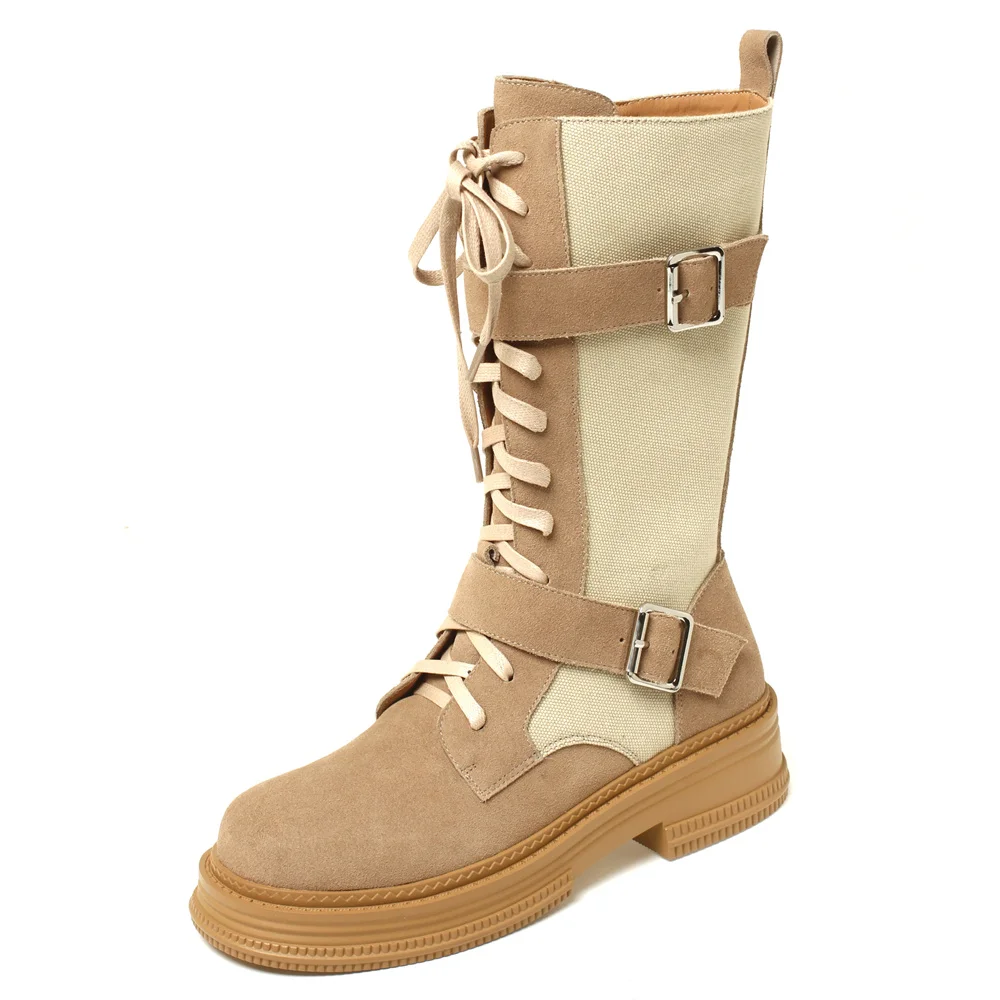 Mid-calf genuine leather splicing boots with side zipper