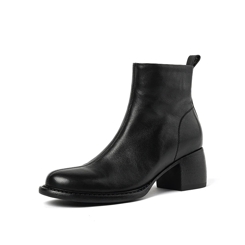 Genuine leather winter ankle boots with thick heel