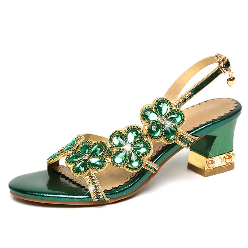 Flower pattern rough heel sandals with non-slip crystal decoration