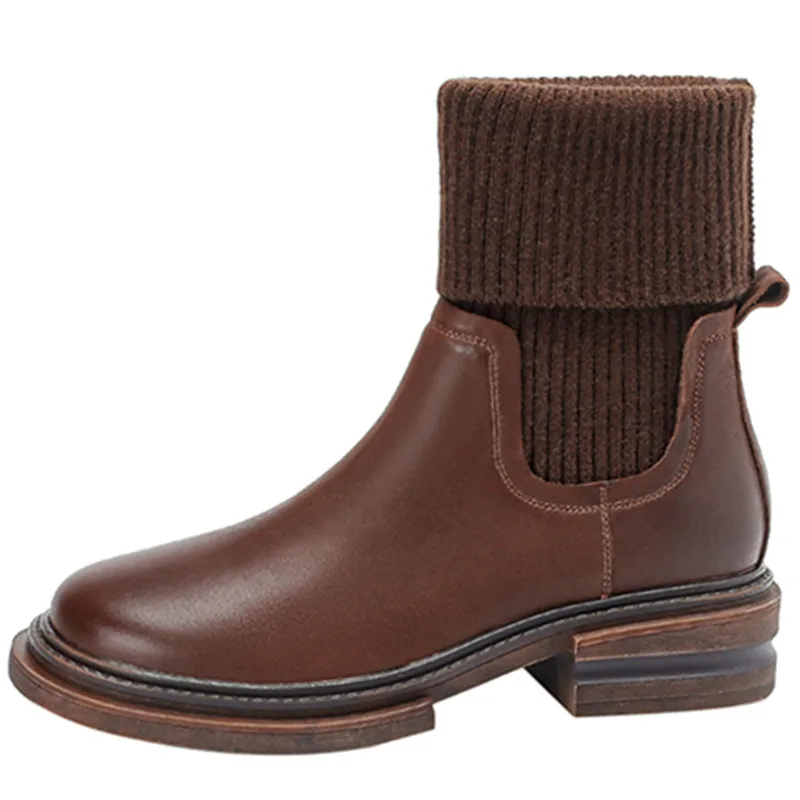 Mid calf leather slip on boots with thick heels