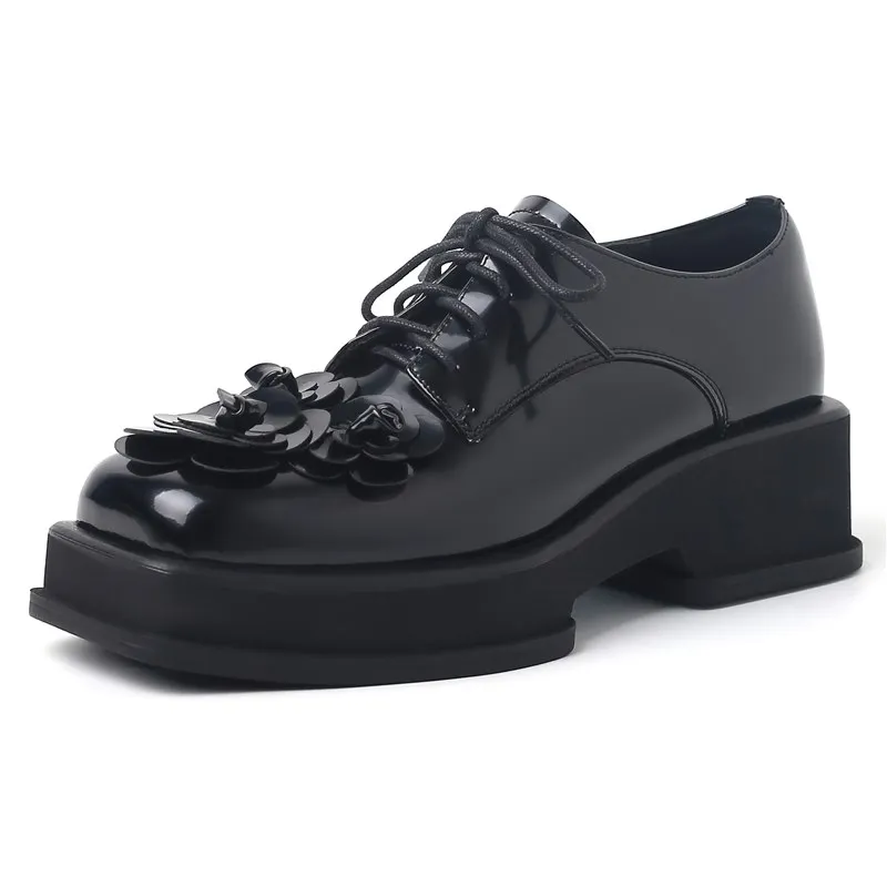 Genuine leather lace-up platform pumps for office wear