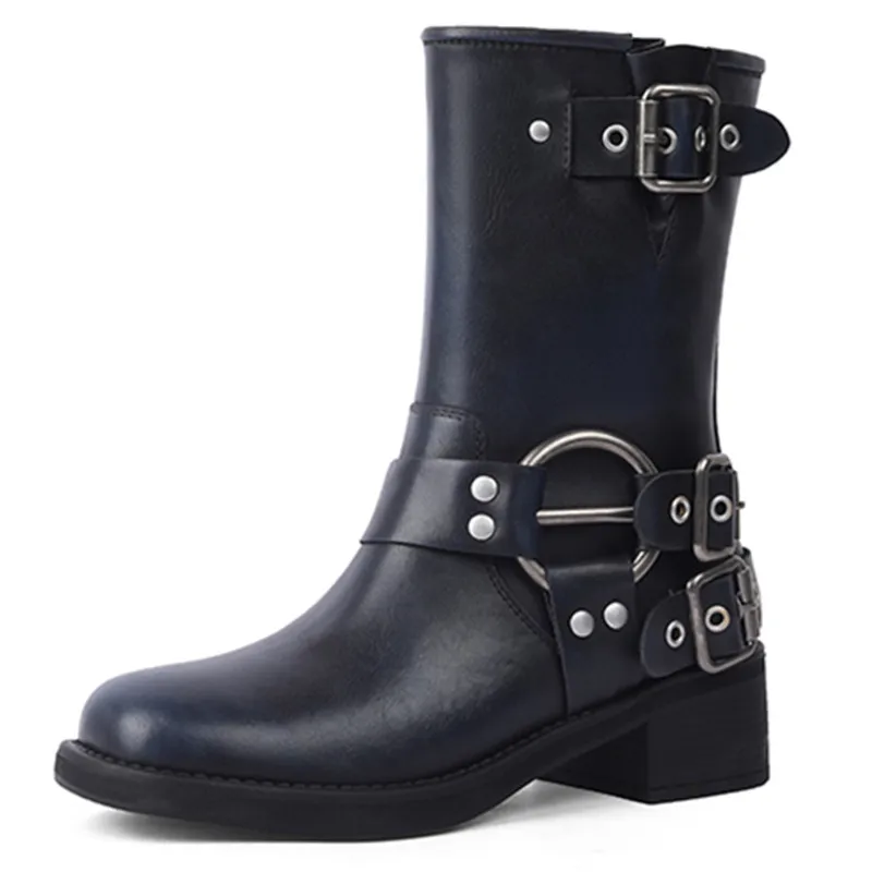 Genuine leather mid calf slip on motorcycle boots