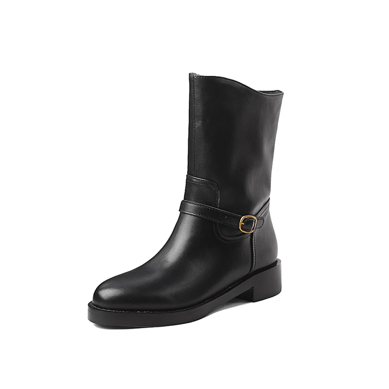 Genuine leather mid-calf boots with thick heels