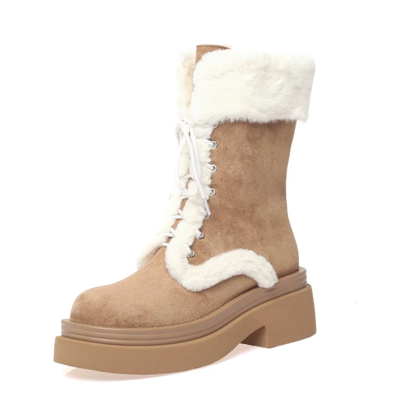 Suede leather winter snow boots with plush fur and thick heels