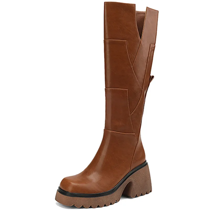 Genuine leather knee high platform boots with thick heels