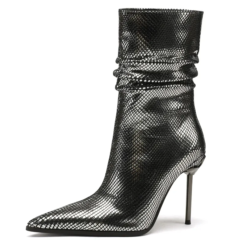 Suede leather mid calf pointed toe high heels boots