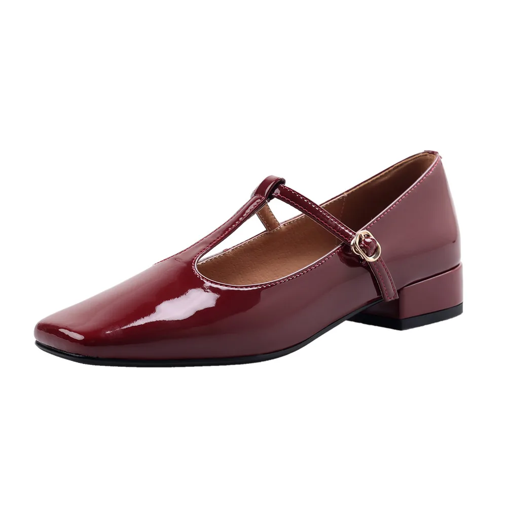 Genuine leather square toe low heels pumps