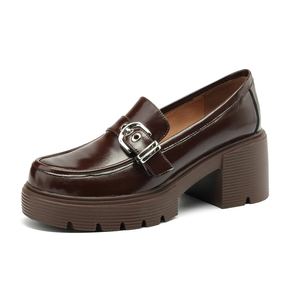 Genuine leather platform pumps with thick heels