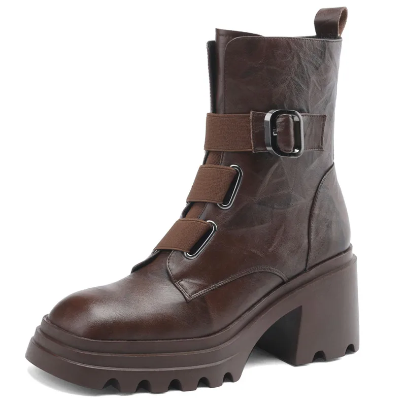 Genuine leather platform ankle boots with zipper