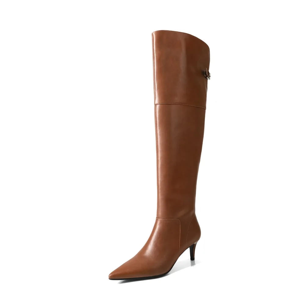 Over the knee real leather pointed toe boots with buckle
