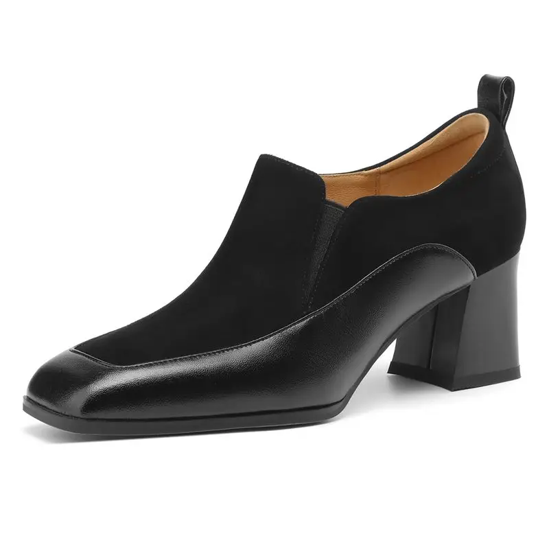 Genuine leather high heels square toe chunky pumps