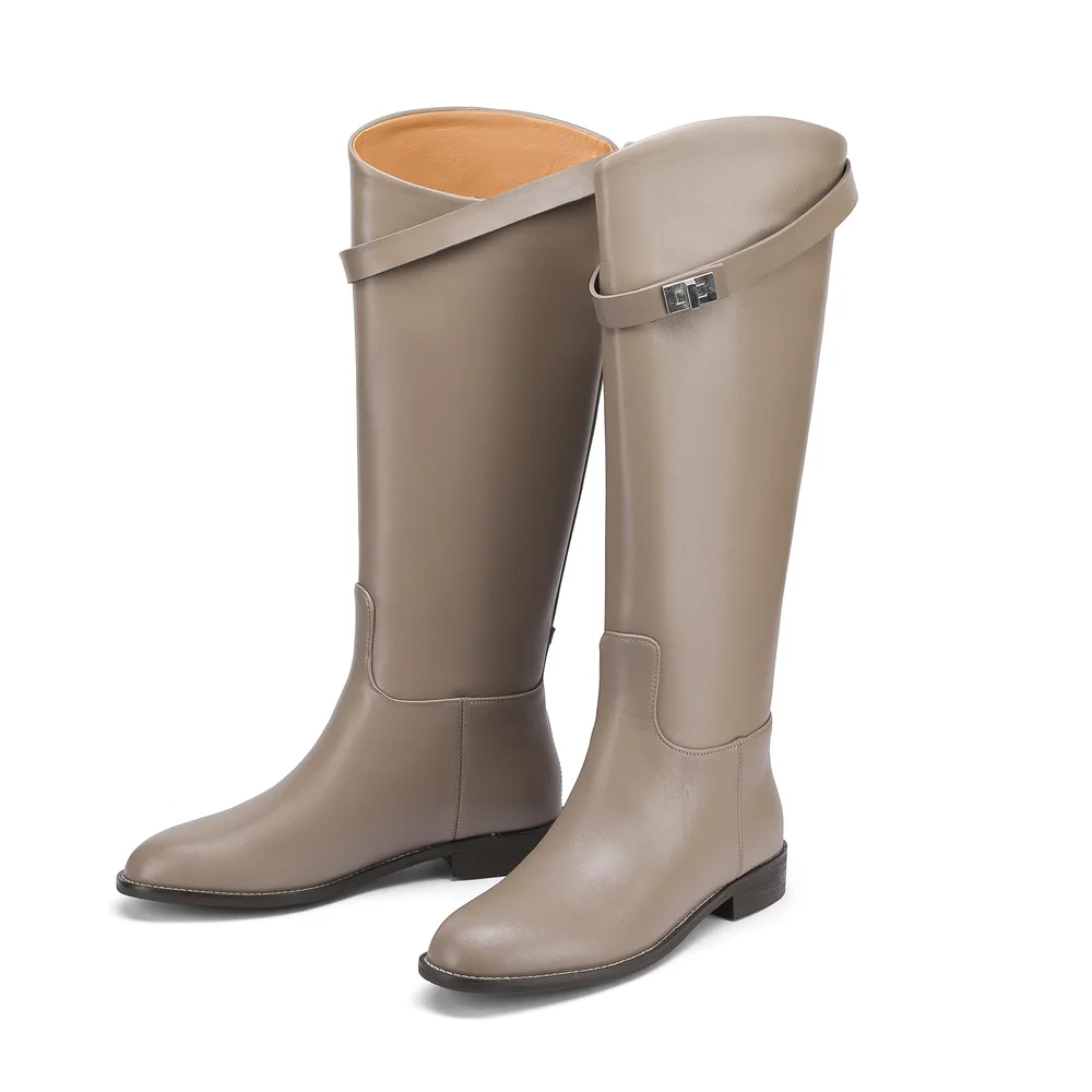 Knee high genuine leather thick heels motorcycle boots