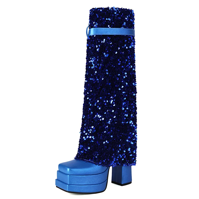 Sequined zipper knee high boots with thick heels