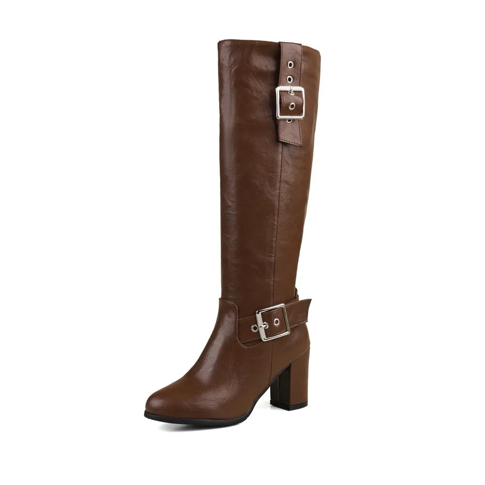 Retro denim knee-high boots with belt buckle
