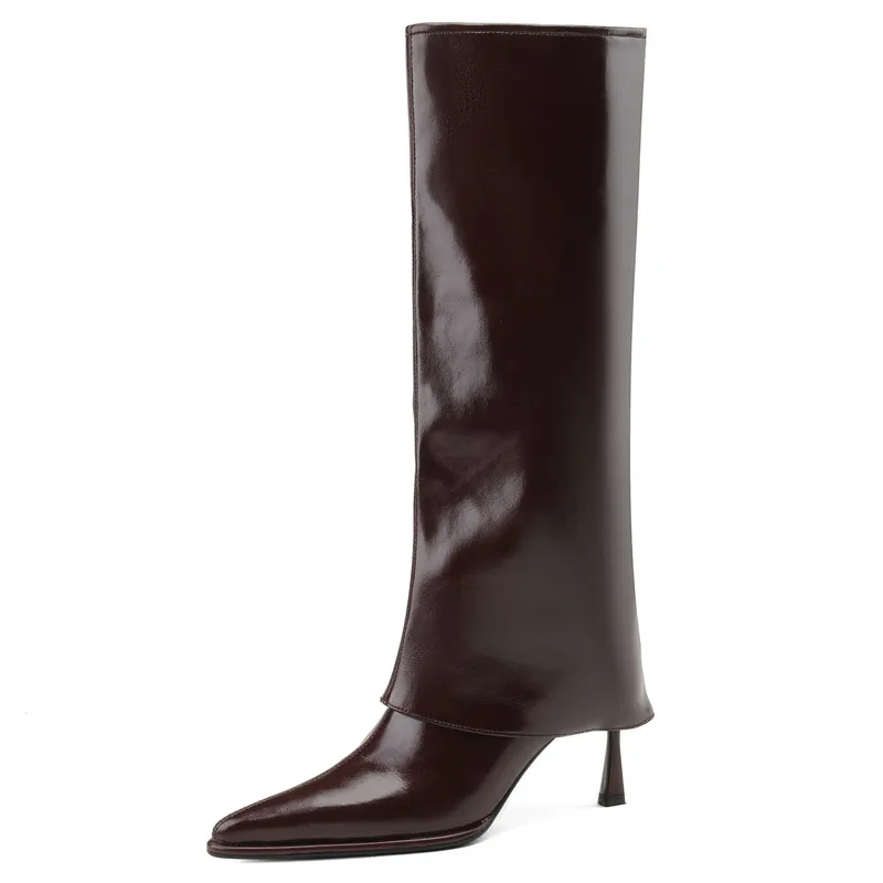 Pointed toe genuine leather knee high stiletto boots