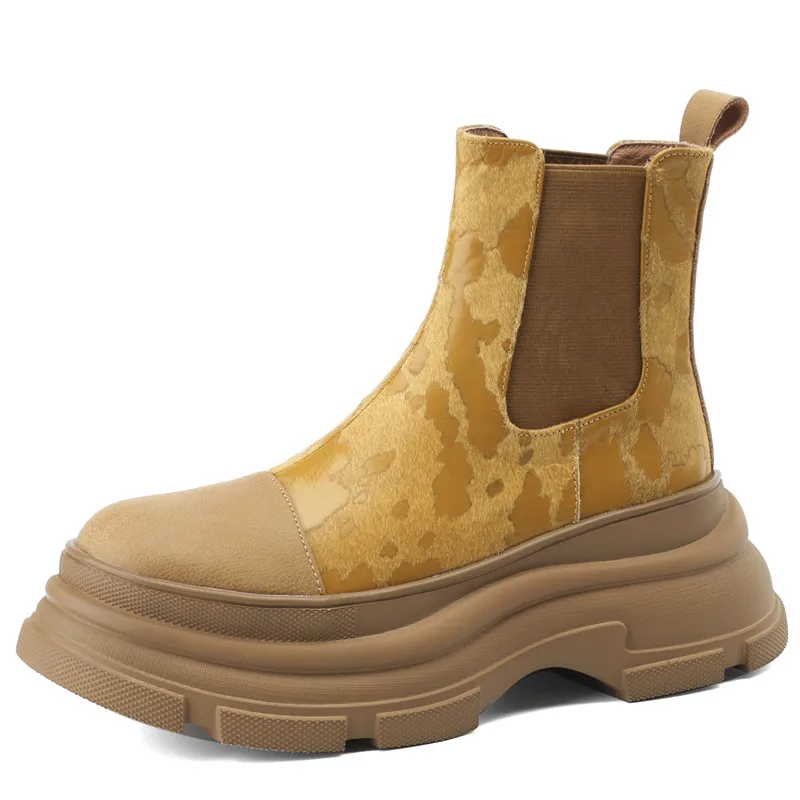 Horse hair slip on ankle boots with chunky heels