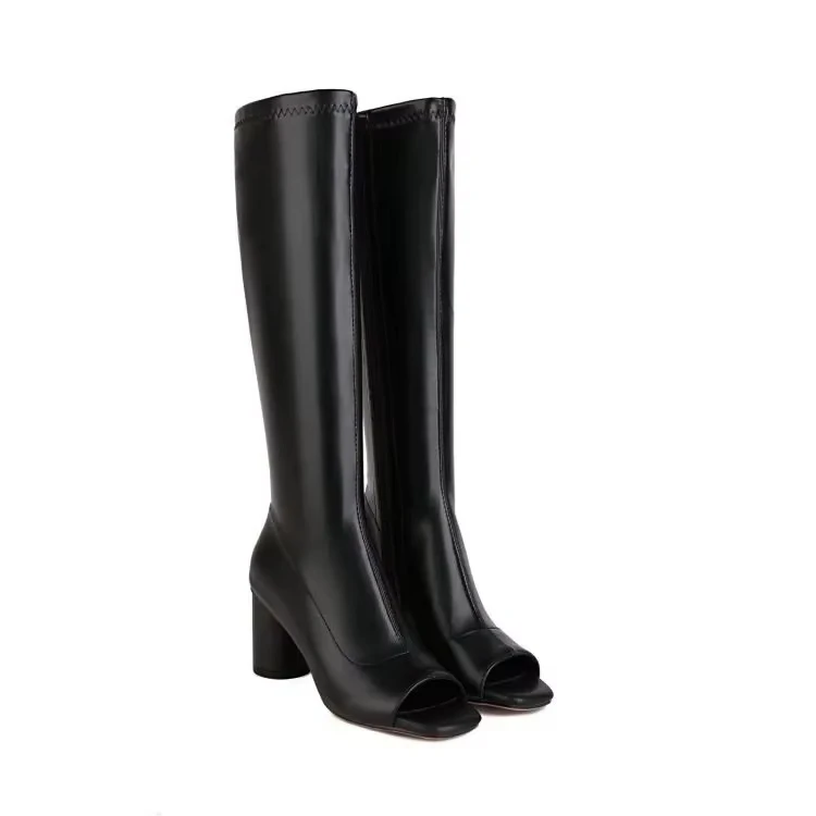 Patent leather knee high peep toe boots with zipper in rose red