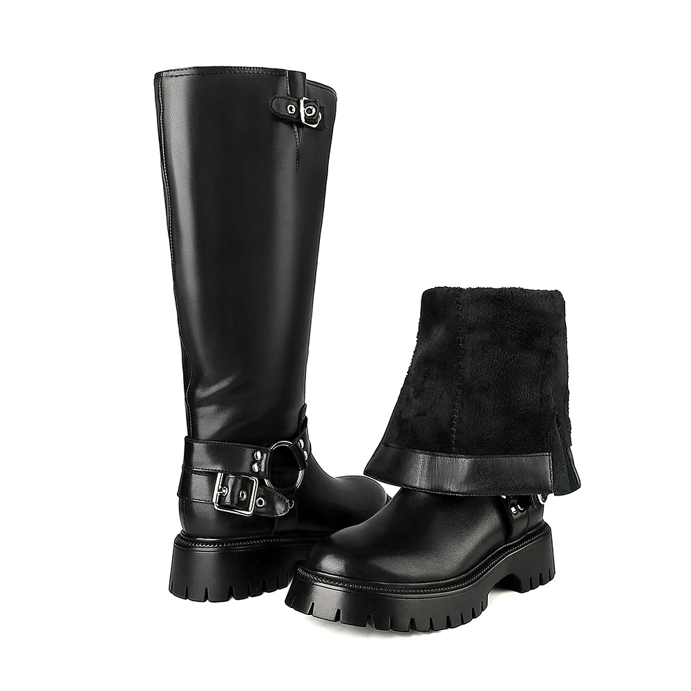 Genuine leather mid calf boots with buckle and thick heels