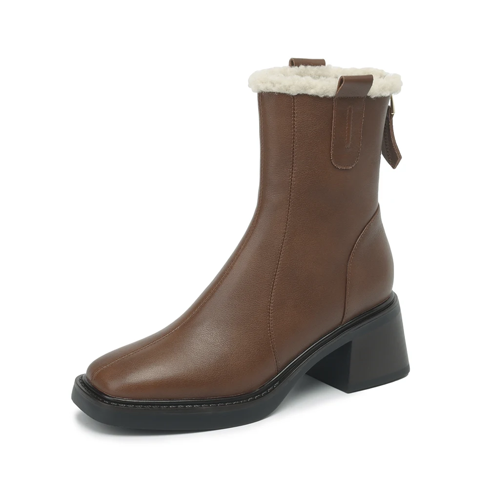 Casual cowhide winter ankle boots with block heel and zipper