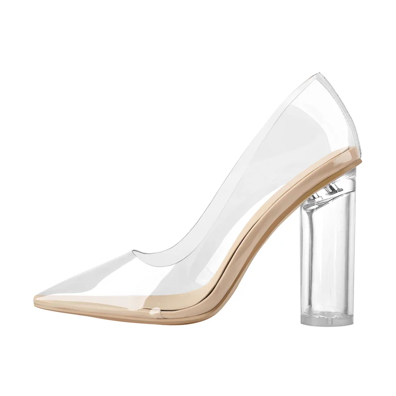 Pointed toe clear high heels with chunky strap