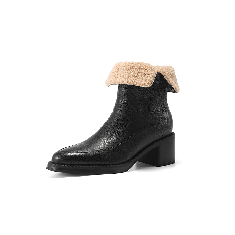 Genuine leather winter ankle boots with velvet lining and zipper