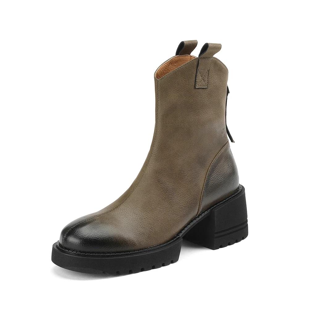 Mixed color chunky heel ankle boots with zipper