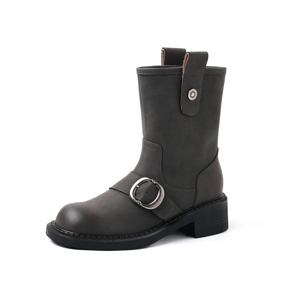 Genuine leather mid-calf motorcycle boots with thick heels