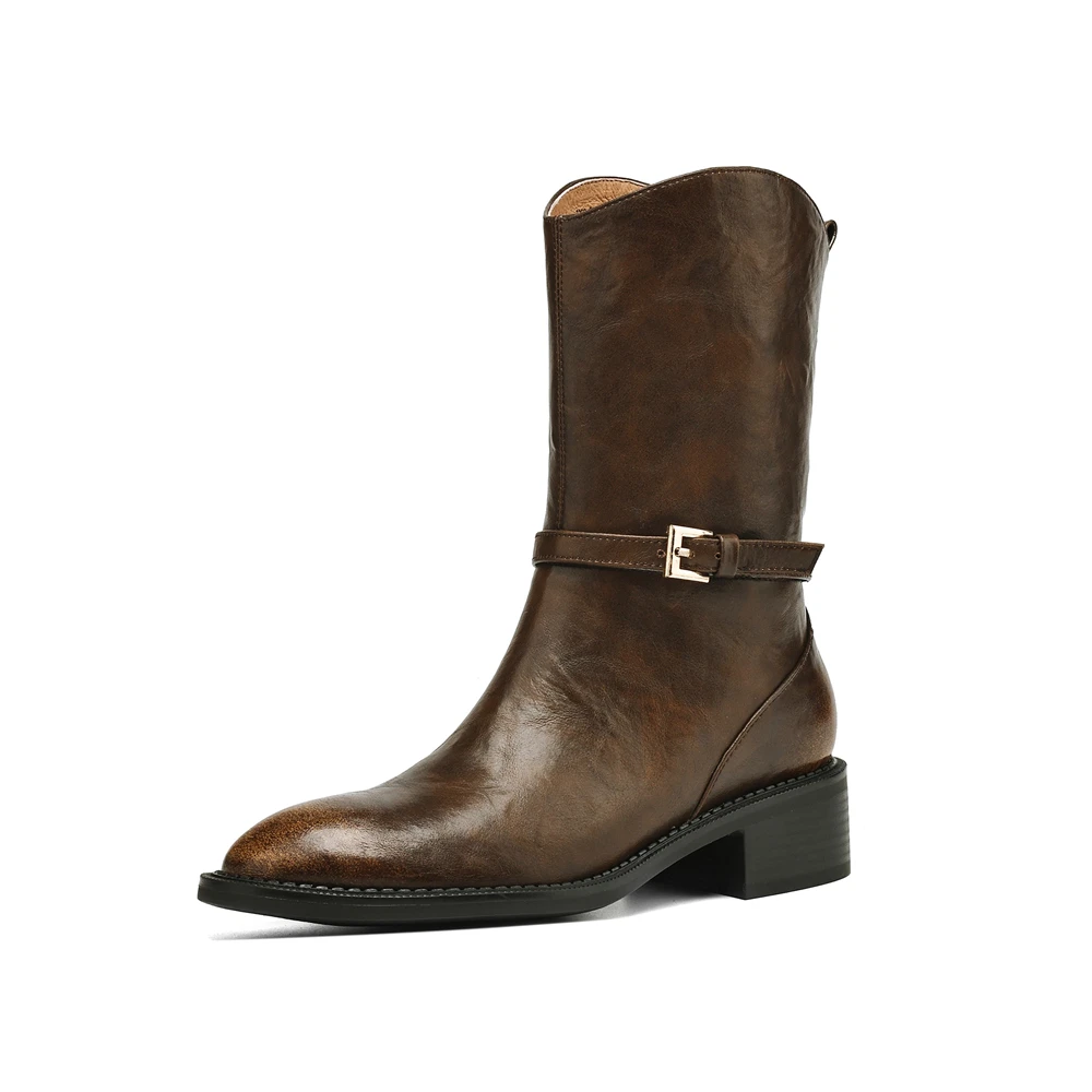 High leather mid-calf boots with round toe and low heel