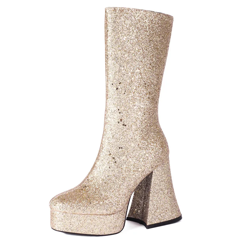 Sequined mid calf zipper boots with thick platform heels