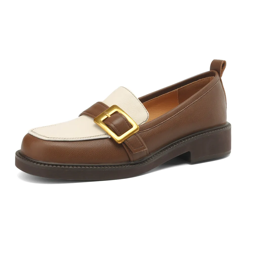 Genuine leather round toe low heel pumps
