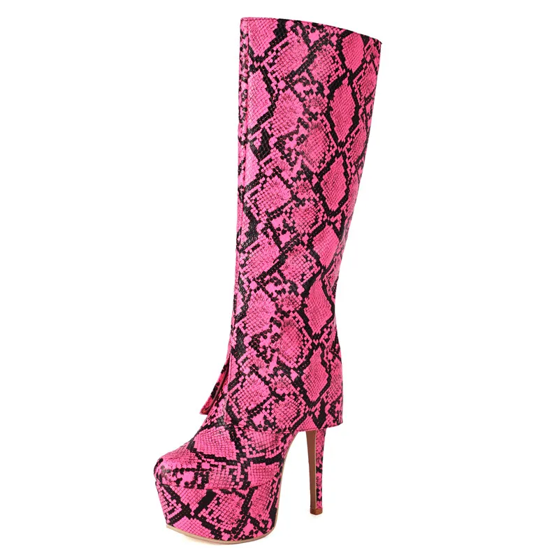 Knee high mixed color platform boots with pointed toe