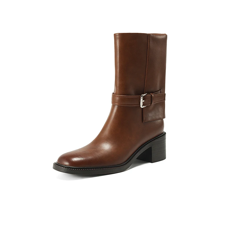 Mid-calf genuine leather office boots with thin heels