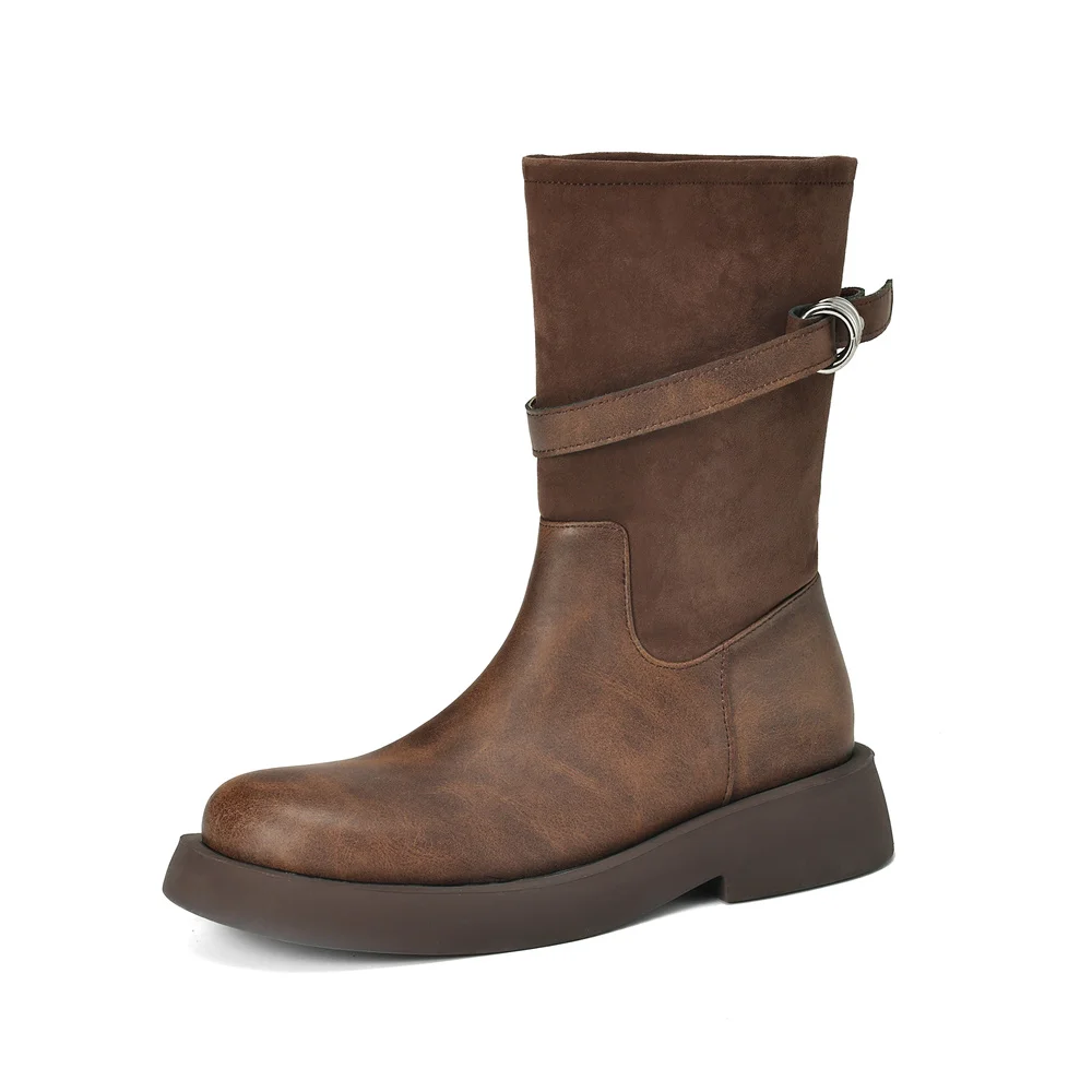 Mid-calf high heel platform motorcycle boots