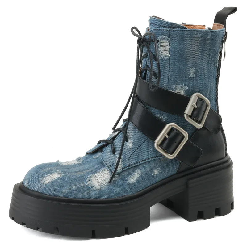 Handmade denim ankle boots with zipper and buckle