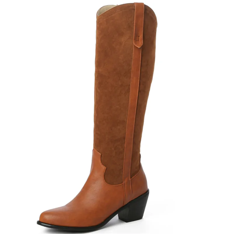 Knee high slip on boots with thick heels