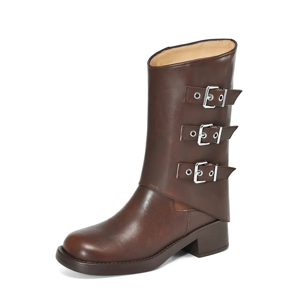 Mid-calf high heeled punk motorcycle boots with buckles