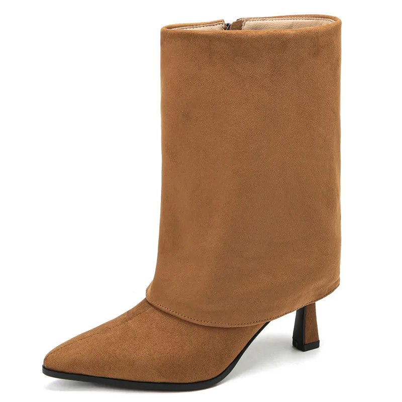 Flock zipper mid calf high heels pointed toe boots