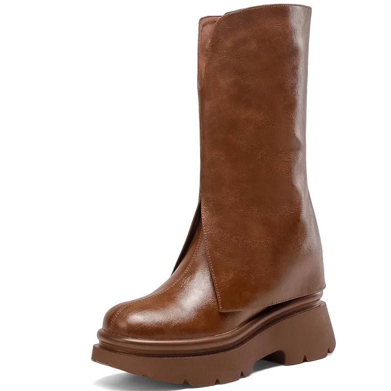 Genuine leather mid calf slip on boots with thick heels