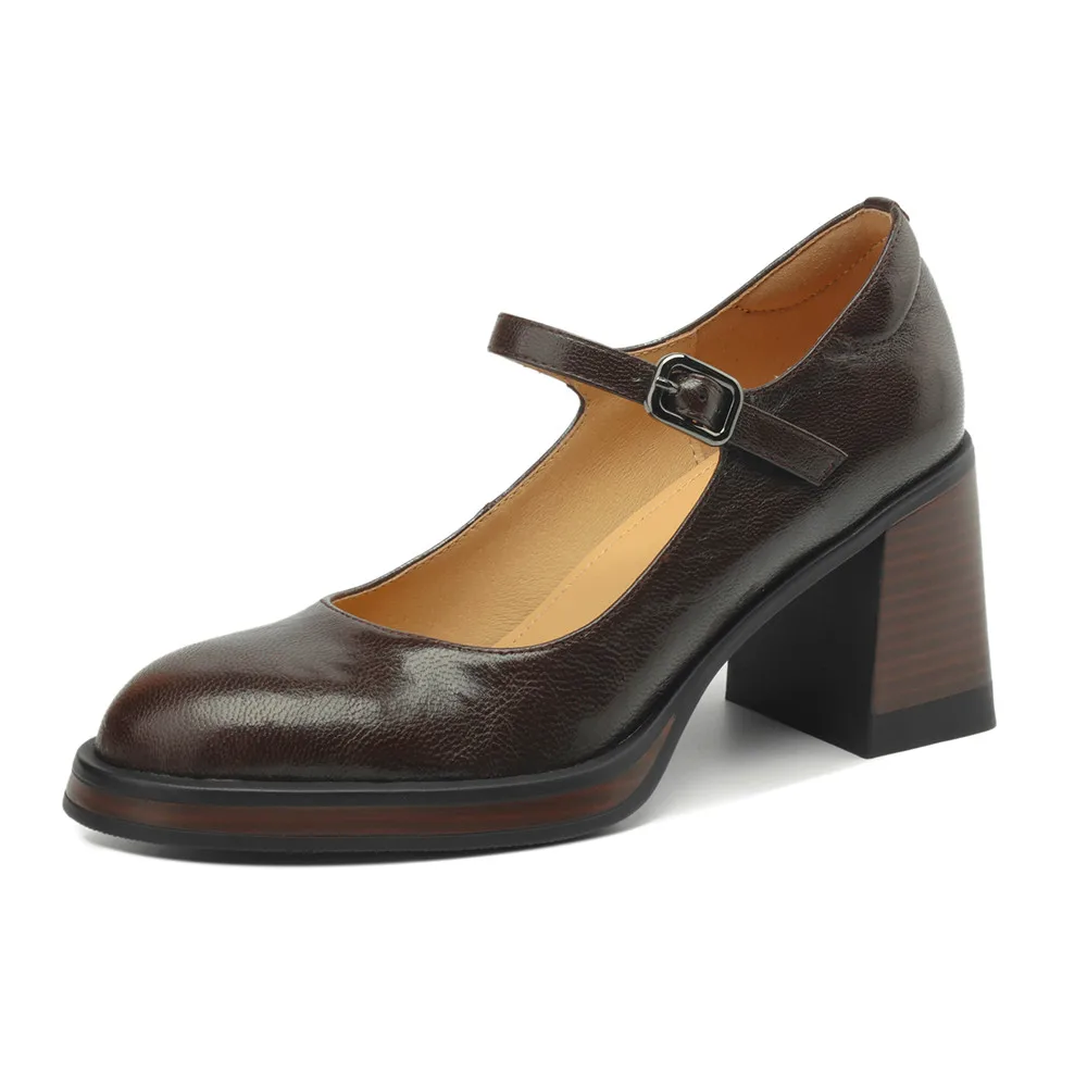 Genuine leather round toe high heels mary janes shoes
