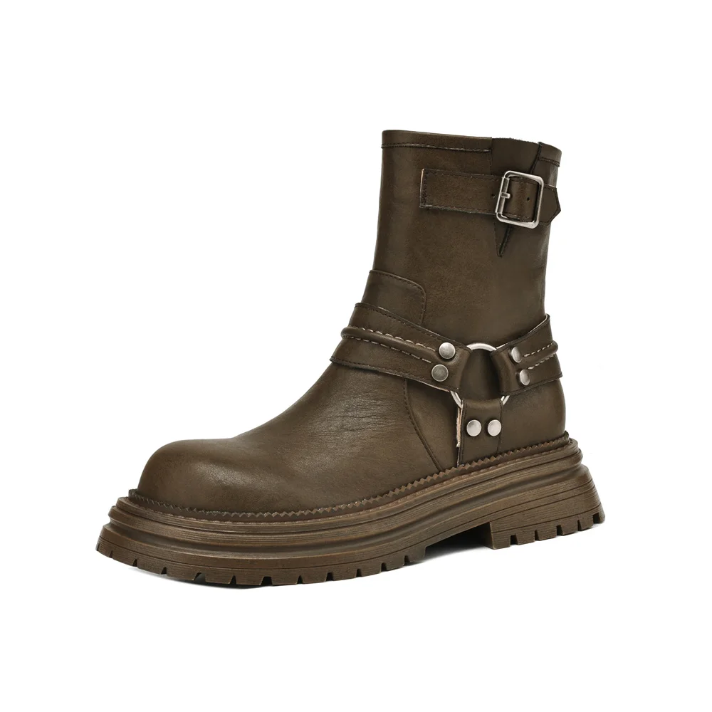 Genuine leather platform ankle boots