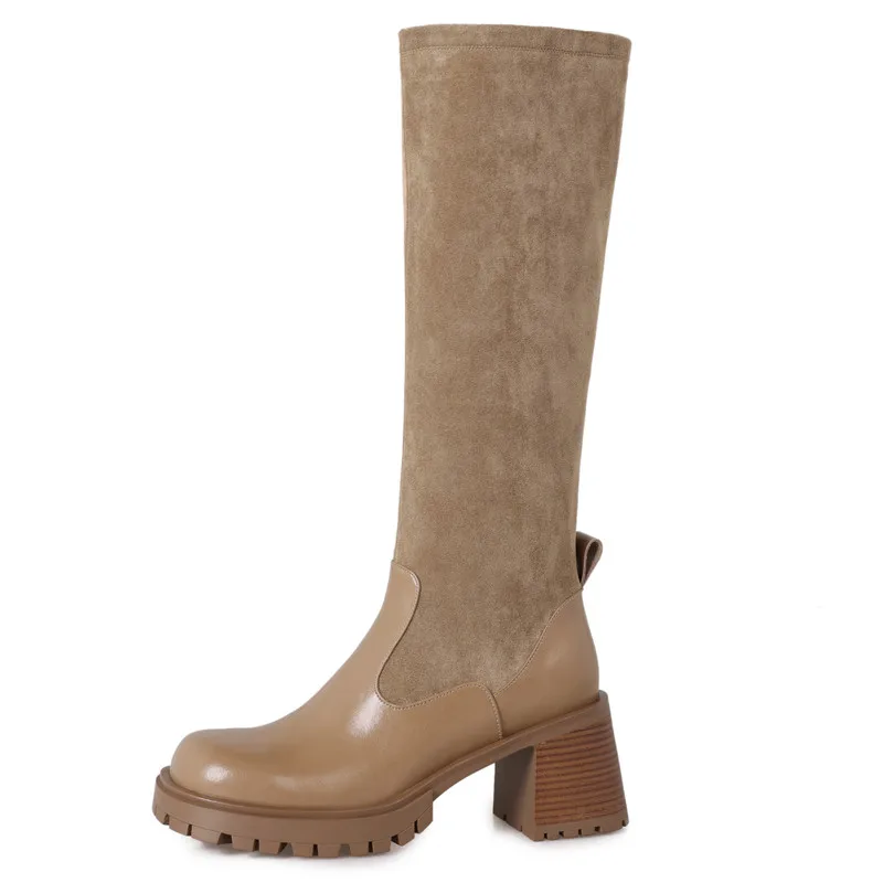 Genuine leather knee high zipper boots with square heels and round toes