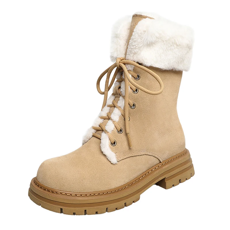 Suede leather snow boots with plush fur and thick heels