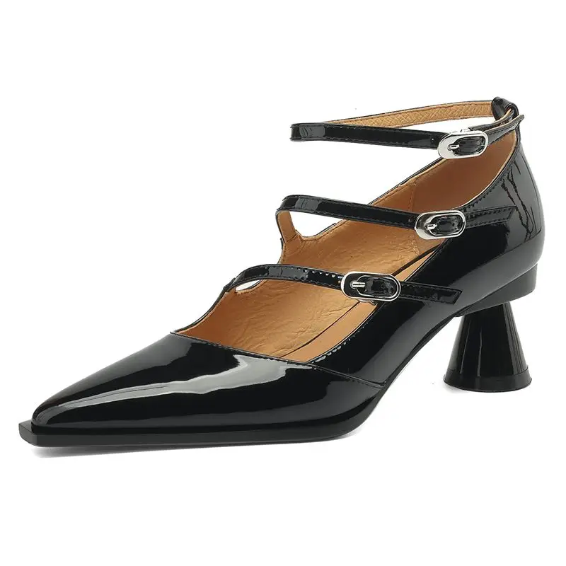 Genuine leather pointed toe high heels mary jane pumps