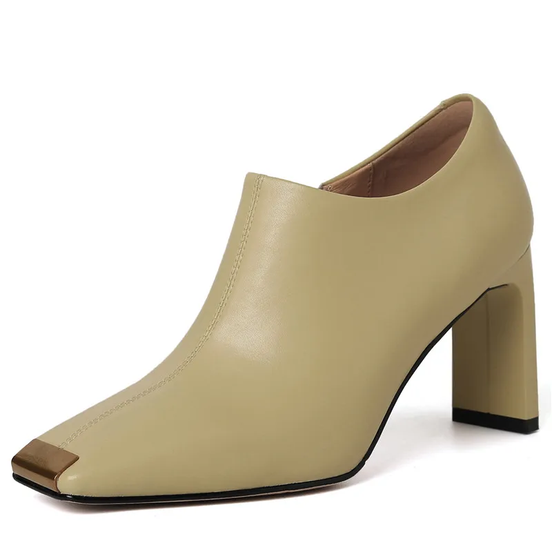 Genuine leather zipper dress pumps with thick high heels
