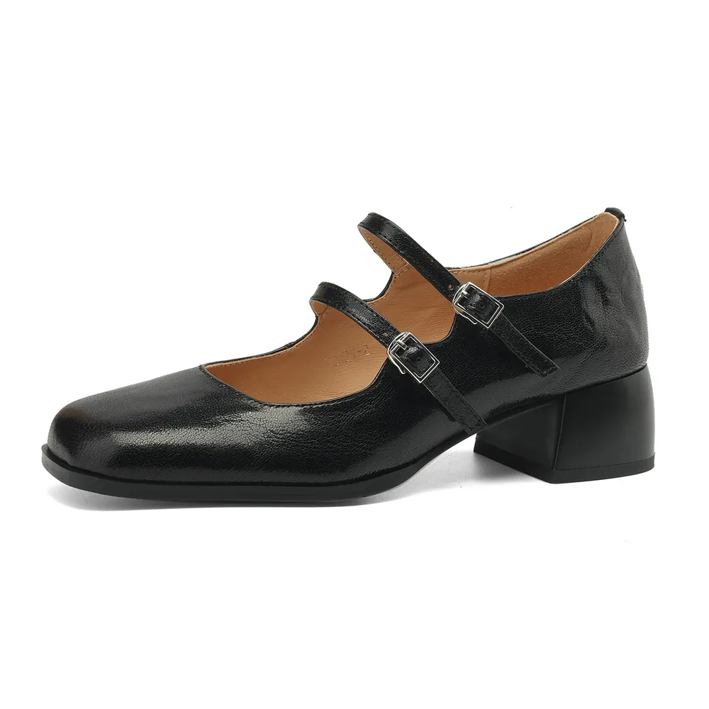 Retro leather mary jane pumps with buckle strap