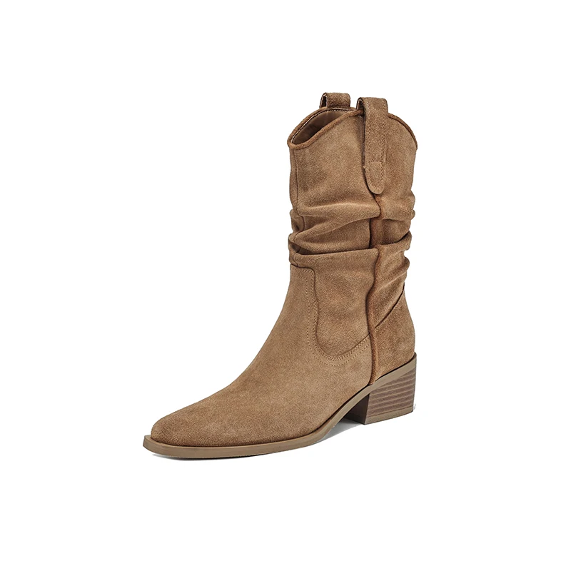 Suede chunky heel square toe short western boots