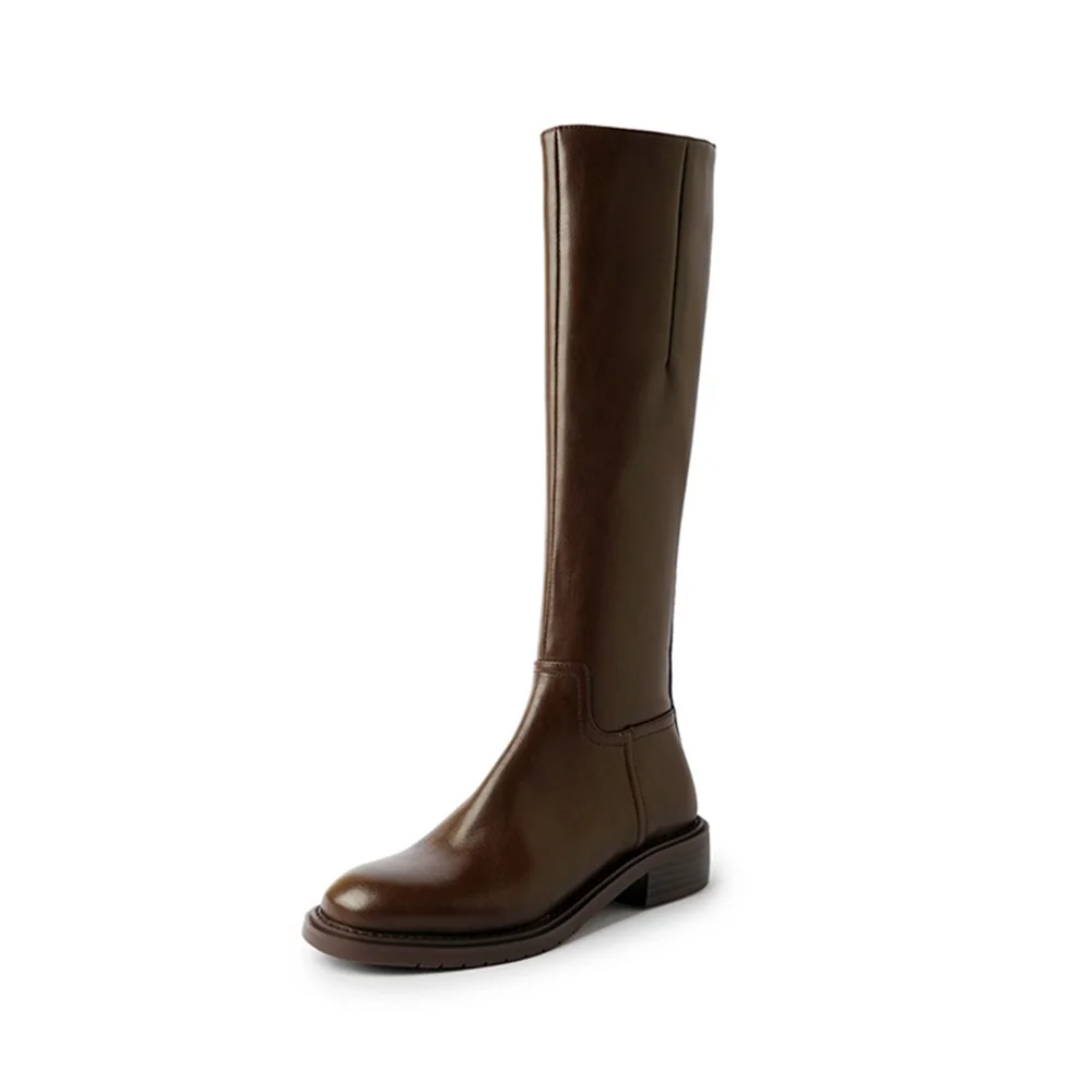 Knee high genuine leather high heel motorcycle boots