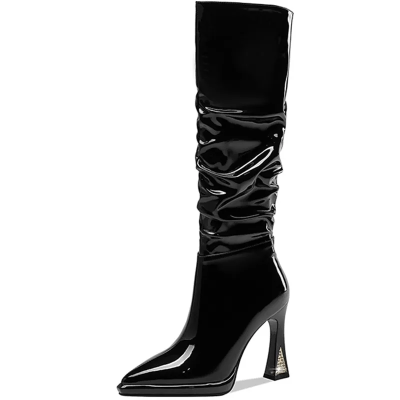 Zipper genuine leather knee high boots with thin heels