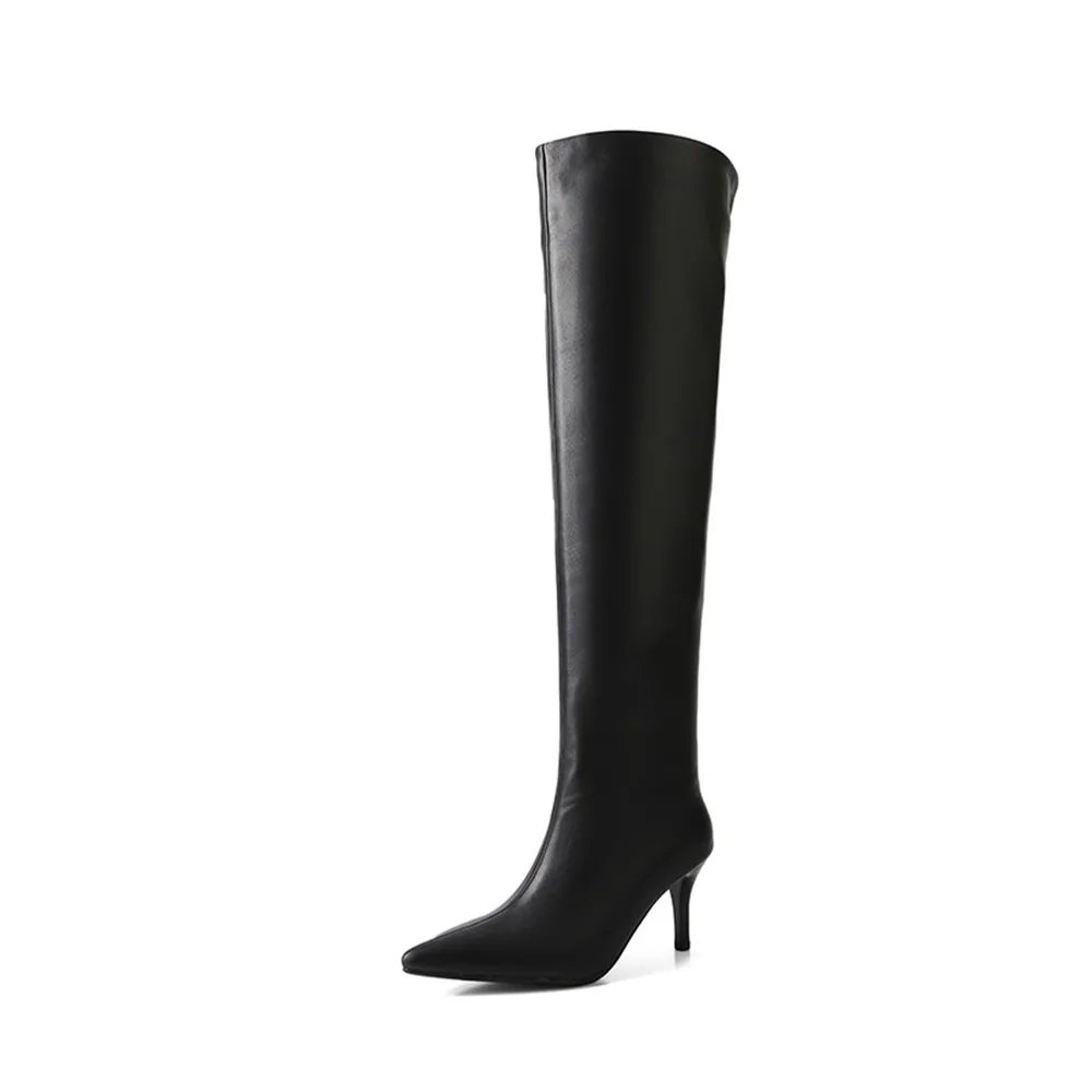 Pleated design pointed toe high heel wide calf boots