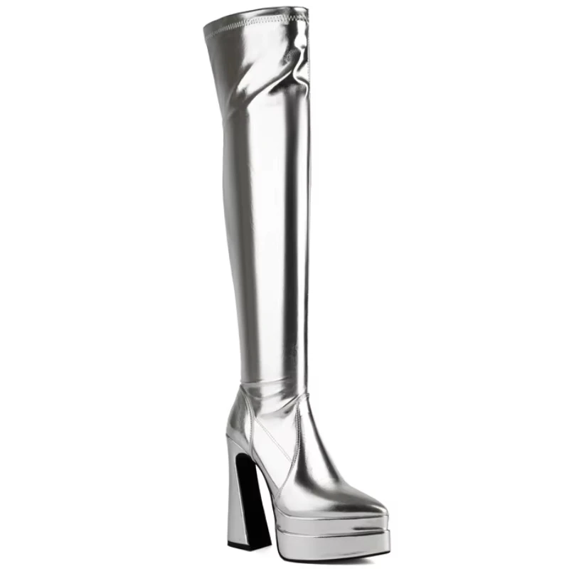 Thigh high heeled platform boots